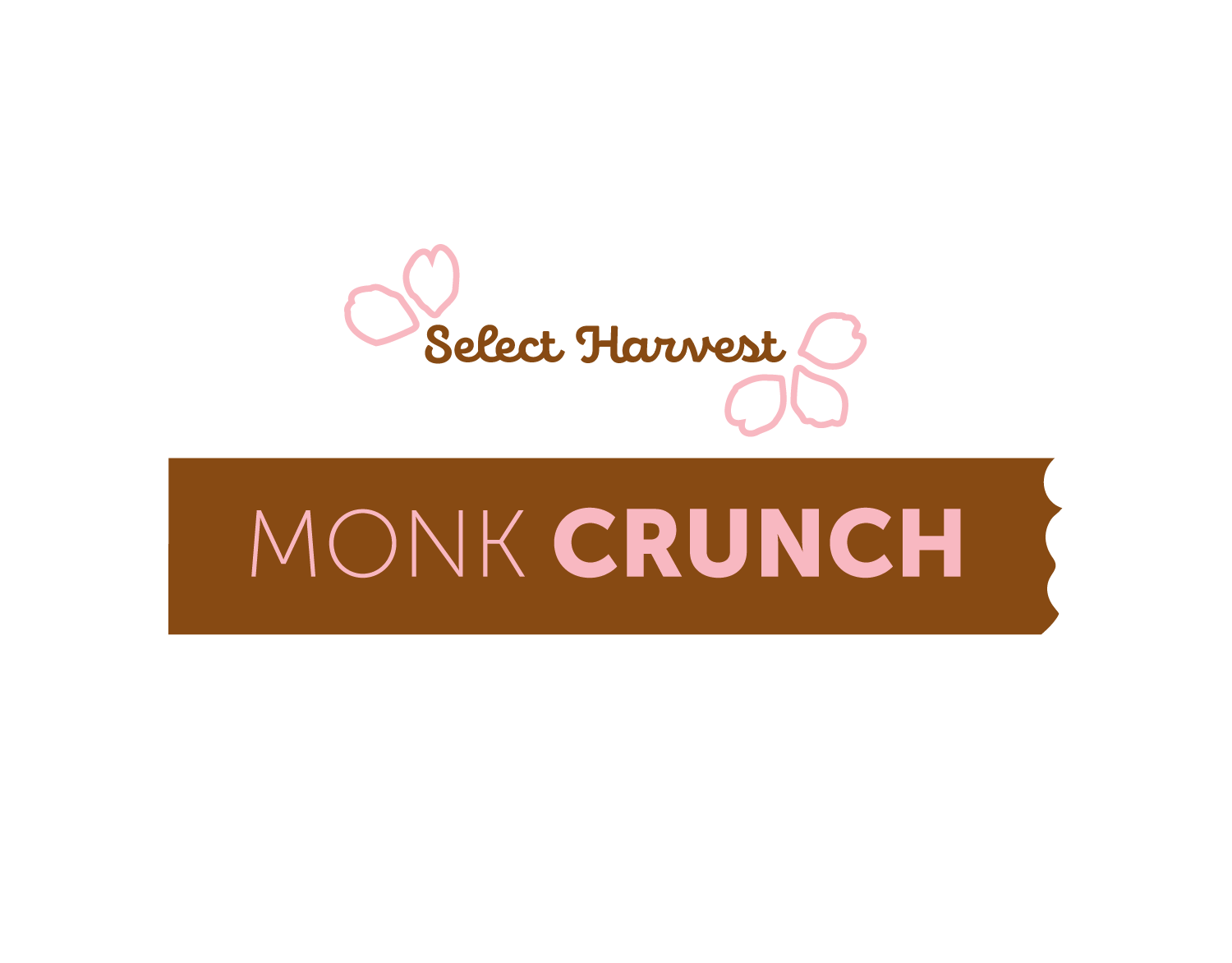 This logo contains the words Select Harvest Monk Crunch. Select Harvest
				has two almond flower petals on its top left side, and three almond flower 
				petals on the bottom right. Both petals are in an outline style and are pink
				in color. Select Harvest, on the other hand, is brown in color. The words
				Monk Crunch are contained in a brown rectangle box which has a small chunk of
				itself missing on the right side. The words Monk Crunch are pink in color, 
				with Monk using a much thinner font compared to Crunch.